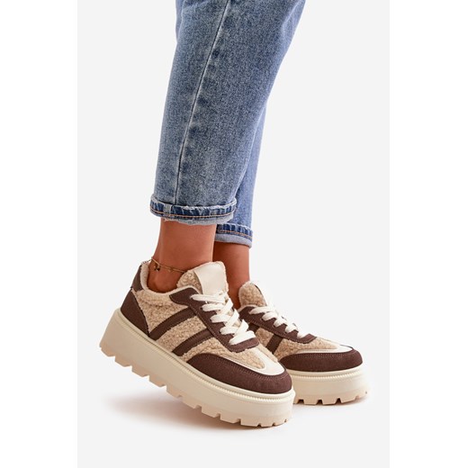 Trampki damskie na lato brązowe na platformie sznurowane 