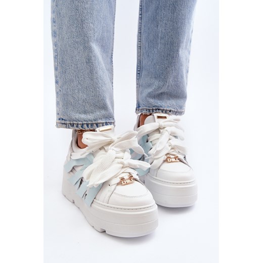 Sneakersy Skórzane Masywna Platforma Niebieskie Zazoo 2F-7033 ze sklepu ZAZOO w kategorii Buty sportowe damskie - zdjęcie 175023255