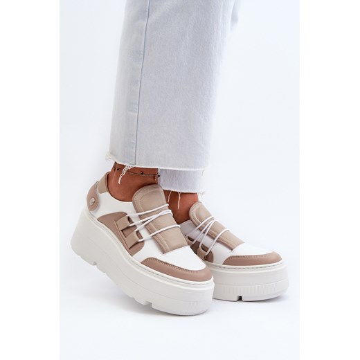 Buty Sportowe Damskie Masywna Platforma Skóra Naturalna Beżowo-Białe Zazoo 10165 ze sklepu ZAZOO w kategorii Buty sportowe damskie - zdjęcie 175024348