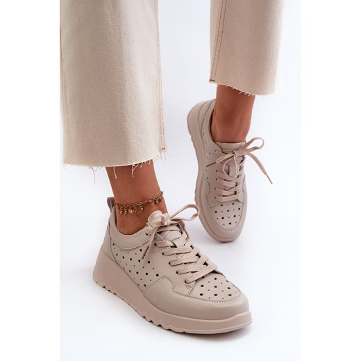 Sneakersy Damskie Ażurowe Skórzane Na Koturnie S.Barski LR482 Beżowe ze sklepu ZAZOO w kategorii Buty sportowe damskie - zdjęcie 175032928