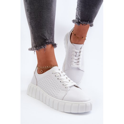 Sneakersy Skóra Naturalna Damskie Na Platformie Białe Eselmari 23PB32-5739 ze sklepu ZAZOO w kategorii Buty sportowe damskie - zdjęcie 175033646