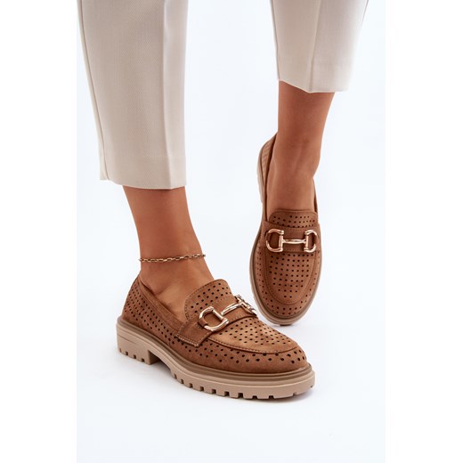 Mokasyny Ażurowe Damskie Ozdoba Camel Talesse C-380 ze sklepu ZAZOO w kategorii Mokasyny damskie - zdjęcie 175034558