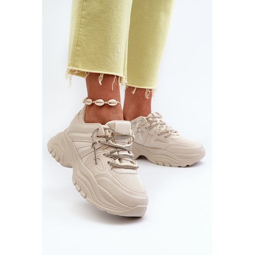 Sneakersy Z Ozdobnym Sznurowaniem Masywna Podeszwa Beżowe Relissa C2155 ze sklepu ZAZOO w kategorii Buty sportowe damskie - zdjęcie 175035599