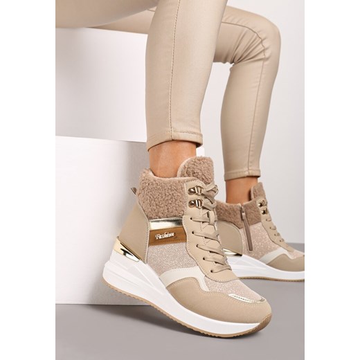 Ciemnobeżowe Sneakersy na Koturnie z Wysoką Cholewką Ozdobione Brokatem Sinthera ze sklepu renee.pl w kategorii Buty sportowe damskie - zdjęcie 175046267
