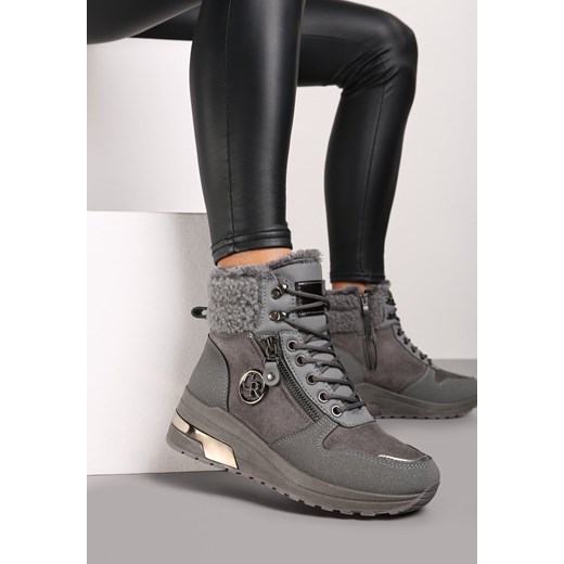 Szare Sneakersy na Koturnie za Kostkę z Metaliczną Ozdobą i Suwakiem Sinelara ze sklepu renee.pl w kategorii Buty sportowe damskie - zdjęcie 175046297