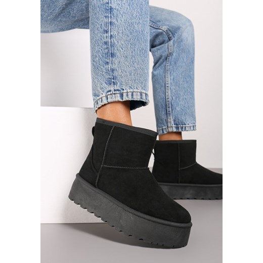 Czarne Śniegowce na Platformie z Przeszyciami i Futerkiem Vento ze sklepu born2be.pl w kategorii Śniegowce damskie - zdjęcie 175046515