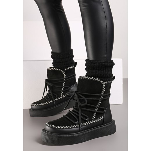 Czarne Śniegowce na Grubej Podeszwie Ozdobione Sznurowaniem i Brokatem Melindria 38 born2be.pl okazja