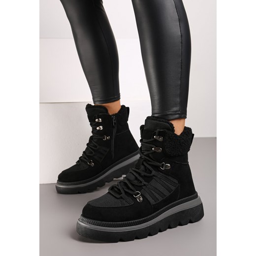 Czarne Traperki na Grubej Podeszwie Ozdobione Futerkiem Linthira ze sklepu born2be.pl w kategorii Workery damskie - zdjęcie 175046736