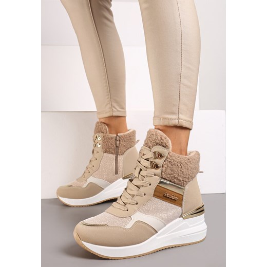 Ciemnobeżowe Sneakersy na Koturnie za Kostkę z Brokatem Sinthaine ze sklepu born2be.pl w kategorii Buty sportowe damskie - zdjęcie 175046796