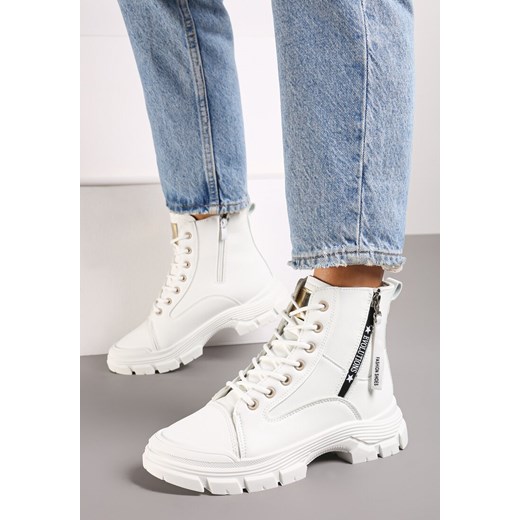 Białe Traperki Botki na Grubej Podeszwie z Ozdobnym Suwakiem Floraline ze sklepu born2be.pl w kategorii Workery damskie - zdjęcie 175046838
