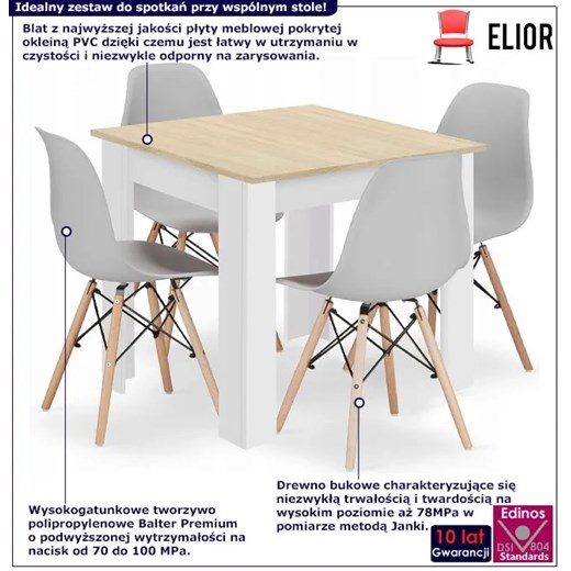 Stół biały + dąb sonoma z szarymi krzesłami 4 sztuki - Derioz 4X Elior One Size Edinos.pl