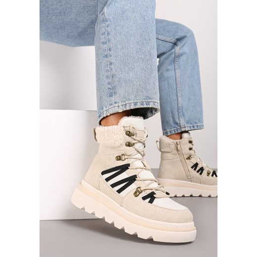 Beżowe Futerkowe Traperki na Niskiej Platformie Linivora ze sklepu renee.pl w kategorii Workery damskie - zdjęcie 175051108