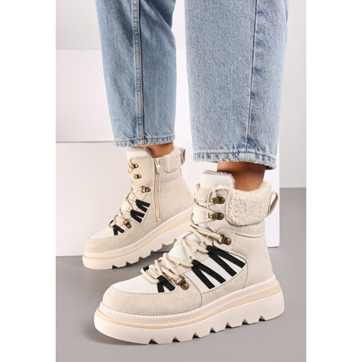 Beżowe Traperki na Grubej Podeszwie Ozdobione Futerkiem Linthira ze sklepu born2be.pl w kategorii Workery damskie - zdjęcie 175052429