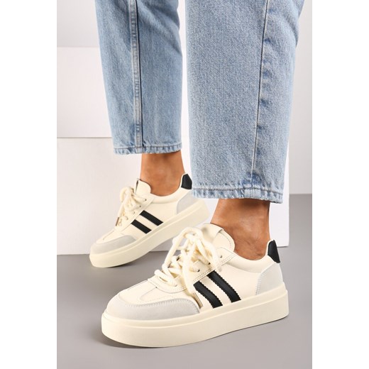 Beżowo-Czarne Sneakersy na Grubej Podeszwie z Paskami i Sznurowaniem Tiariel ze sklepu born2be.pl w kategorii Buty sportowe damskie - zdjęcie 175076567