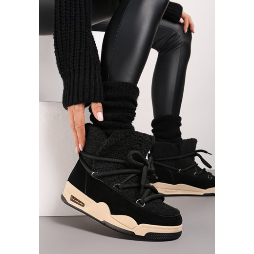 Czarne Śniegowce na Płaskiej Podeszwie ze Sznurowaniem i Futerkiem Typu Baranek Salabira ze sklepu born2be.pl w kategorii Śniegowce damskie - zdjęcie 175076687