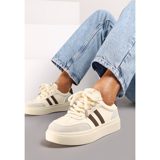 Beżowo-Brązowe Sznurowane Sneakersy na Platformie Ozdobione Paskami Tialise ze sklepu renee.pl w kategorii Buty sportowe damskie - zdjęcie 175077218