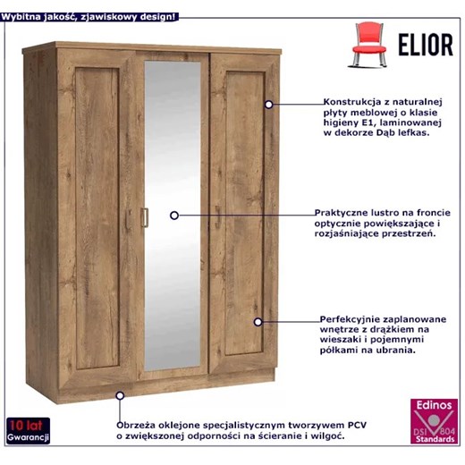 Szafa trzydrzwiowa z lustrem do sypialni dąb lefkas - Tilda 16X Elior One Size Edinos.pl