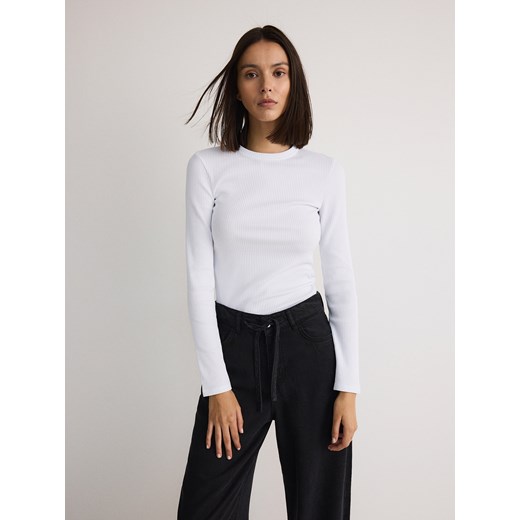 Reserved - Longsleeve z prążkowanej dzianiny - biały Reserved S Reserved