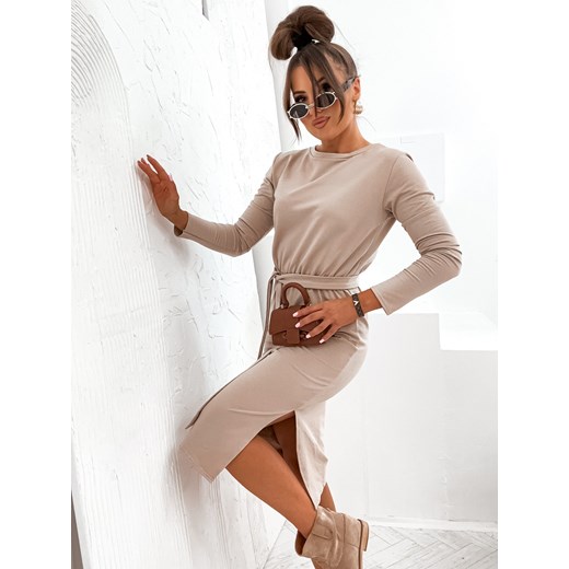 SUKIENKA MIDI Z GUMĄ I WIĄZANIEM W PASIE- BEŻOWA Olika L olika.com.pl