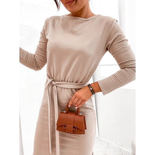 SUKIENKA MIDI Z GUMĄ I WIĄZANIEM W PASIE- BEŻOWA Olika XL olika.com.pl