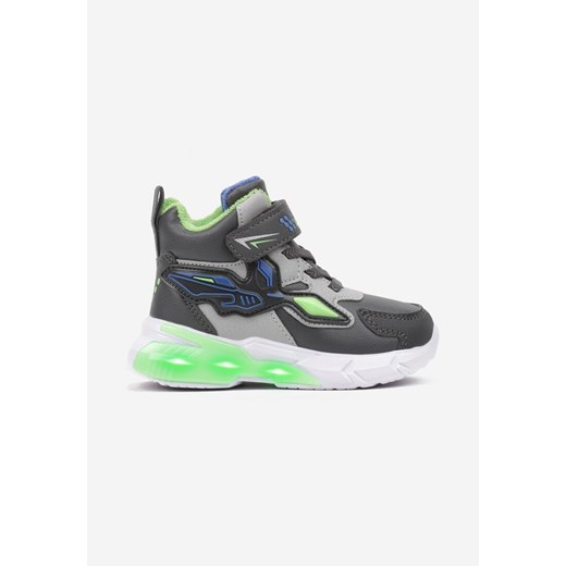 Szare Płaskie Buty Sportowe Sneakersy z Ledami i Geometrycznym Zdobieniem na Rzepy Erithrea ze sklepu born2be.pl w kategorii Buty sportowe dziecięce - zdjęcie 175178178