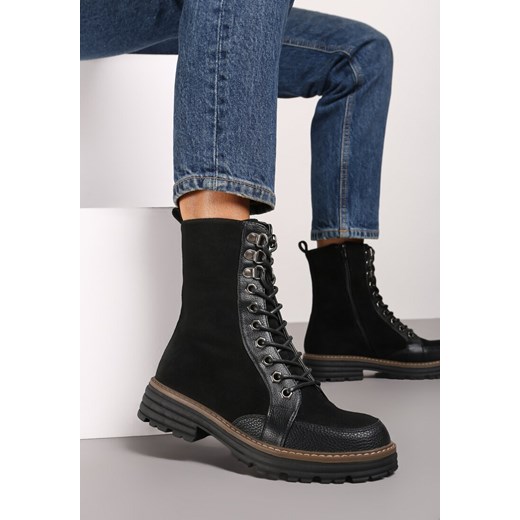 Czarne Sznurowane Płaskie Botki w Stylu Workerów Evalria 38 born2be.pl okazja