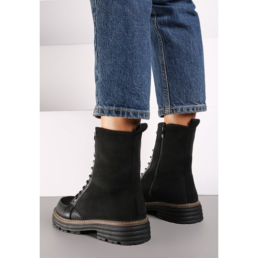 Czarne Sznurowane Płaskie Botki w Stylu Workerów Evalria 37 wyprzedaż born2be.pl