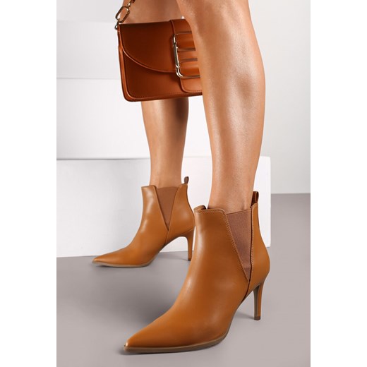 Brązowe Botki na Szpilce z Noskiem w Szpic i Elastycznymi Wstawkami Omelia 38 wyprzedaż born2be.pl