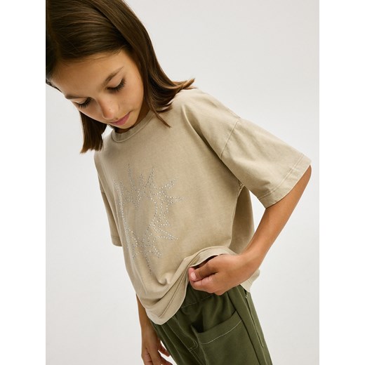 Reserved - T-shirt z cyrkoniami - beżowy ze sklepu Reserved w kategorii Bluzki dziewczęce - zdjęcie 175184856