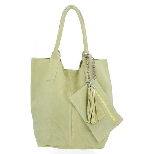 Włoska Torebka Skórzana  Shopper bag Zamsz Naturalny Limonkowa ze sklepu PaniTorbalska w kategorii Torby Shopper bag - zdjęcie 175196009