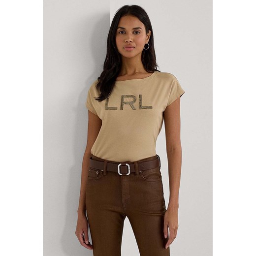 Lauren Ralph Lauren t-shirt bawełniany damski kolor beżowy 200949864 ze sklepu ANSWEAR.com w kategorii Bluzki damskie - zdjęcie 175200618