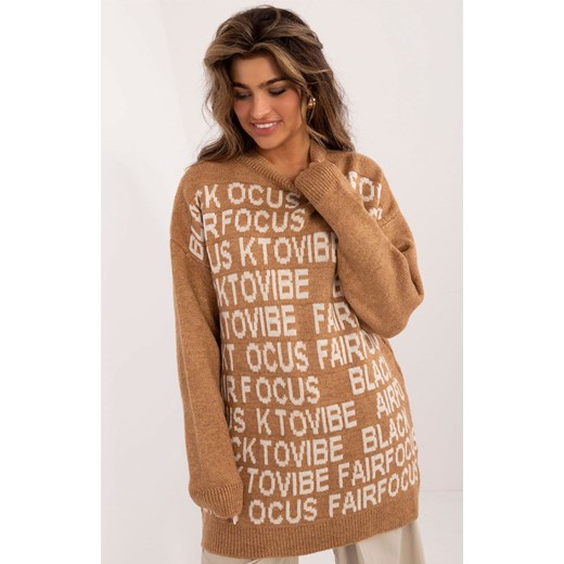 Karmelowy sweter oversize BA-SW-0546.07, Kolor karmelowy-wzór, Rozmiar uniwersalny, BADU ze sklepu Primodo w kategorii Swetry damskie - zdjęcie 175212255