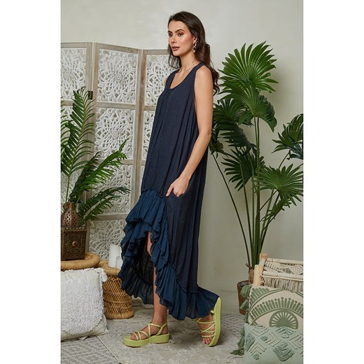 Le Monde du Lin Lniana sukienka w kolorze granatowym Le Monde Du Lin 40/42 okazyjna cena Limango Polska