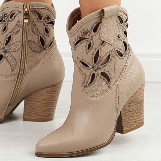 Latte skórzane Polskie botki damskie, jesienne kowbojki ażurowe na obc ze sklepu suzana.pl w kategorii Botki - zdjęcie 175220149