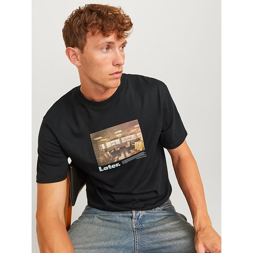 Czarny t-shirt męski Jack & Jones z krótkim rękawem z bawełny 