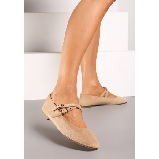 Beżowe Balerinki na Płaskiej Podeszwie Ozdobione Paskami Zinrosa ze sklepu born2be.pl w kategorii Balerinki - zdjęcie 175246637