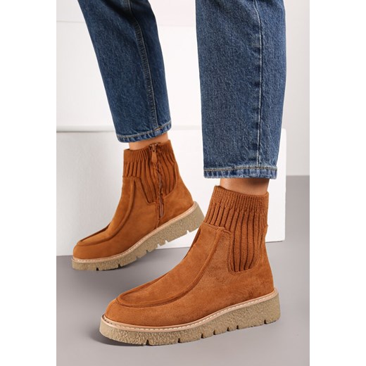 Brązowe Ekozamszowe Botki z Prążkowaną Dopasowaną Cholewką na Niskim Koturnie Renee 39 okazyjna cena renee.pl