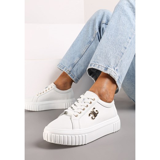 Białe Sneakersy ze Skóry Naturalnej na Grubej Podeszwie z Metalowym Detalem Evoniah ze sklepu renee.pl w kategorii Buty sportowe damskie - zdjęcie 175278085
