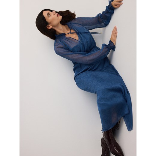 Reserved - Sukienka maxi z dekoracyjnym dekoltem - niebieski Reserved L Reserved