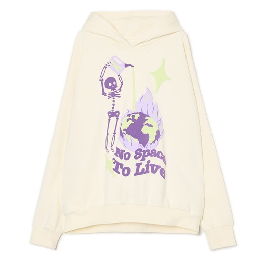 Cropp - Kremowa bluza z kapturem i nadrukiem - szary Cropp XL Cropp