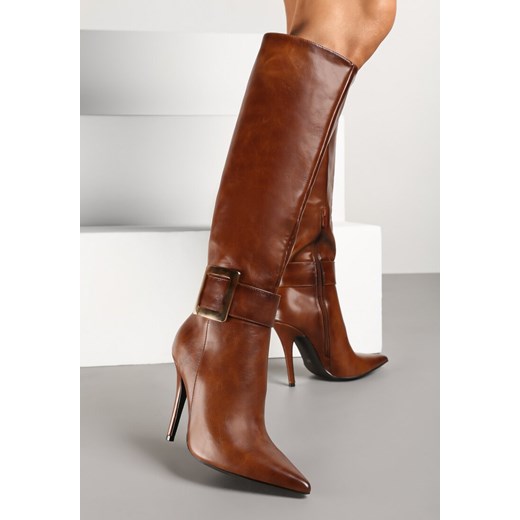 Brązowe Kozaki na Szpilce z Metaliczną Klamrą Evelinna ze sklepu renee.pl w kategorii Kozaki damskie - zdjęcie 175342907