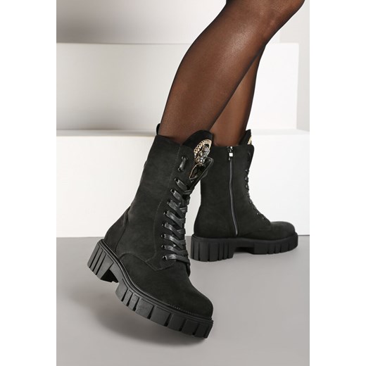 Czarne Botki Workery na Grubej Tłoczonej Podeszwie ze Sznurowaniem i Cyrkoniami Ravandria - id: 353298 - marki born2be - 175344169 Czarne Botki Workery na Grubej Tłoczonej Podeszwie ze Sznurowaniem i Cyrkoniami Ravandria ze sklepu born2be.pl w kategorii Botki - zdjęcie 175344169