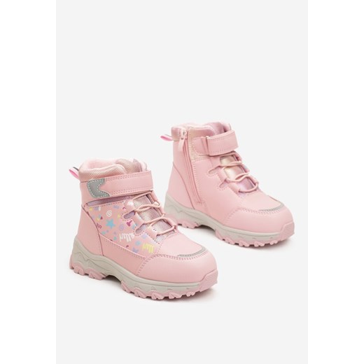 Różowe Płaskie Botki z Abstrakcyjnym Wzorem i Sznurowaniem Siarwenna 32 okazyjna cena born2be.pl