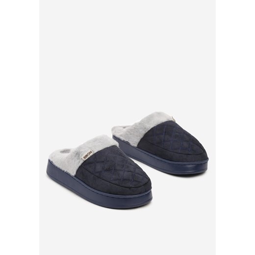Granatowe Kapcie Futrzane z Wkładką ze Skóry Naturalnej na Niskiej Platformie Renee 38-39 wyprzedaż renee.pl