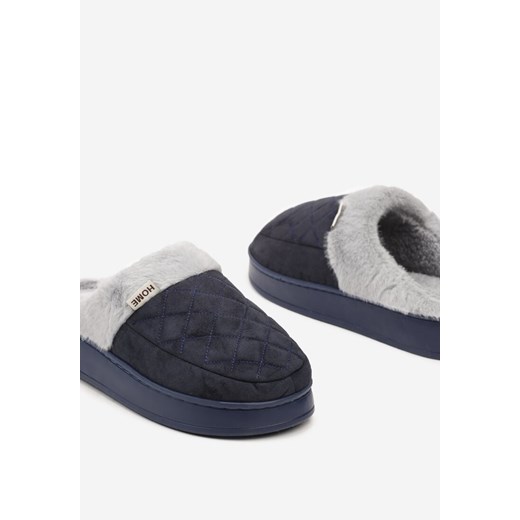 Granatowe Kapcie Futrzane z Wkładką ze Skóry Naturalnej na Niskiej Platformie Renee 40-41 okazja renee.pl
