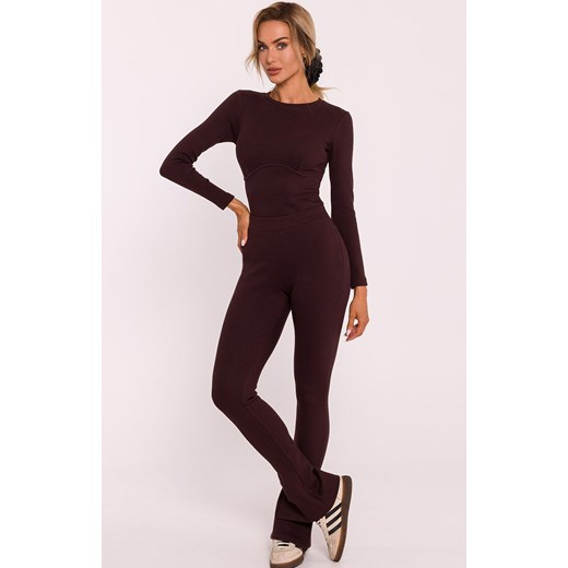 Prążkowane legginsy damskie z rozcięciami brązowe M816, Kolor brązowy, Rozmiar L, MOE ze sklepu Intymna w kategorii Spodnie damskie - zdjęcie 175433105