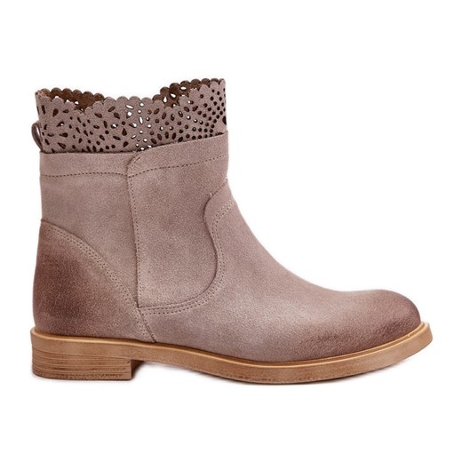 Lewski Shoes Niskie Botki Damskie Na Płaskim Obcasie Zamszowe Lewski 3624 Cappucino beżowy ze sklepu ButyModne.pl w kategorii Botki - zdjęcie 175483747