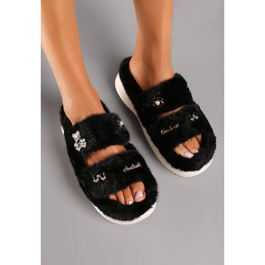 Czarne Kapcie z Futerkiem na Grubej Podeszwie Ozdobione Aplikacjami 3D Riamaya Renee 38-39 renee.pl