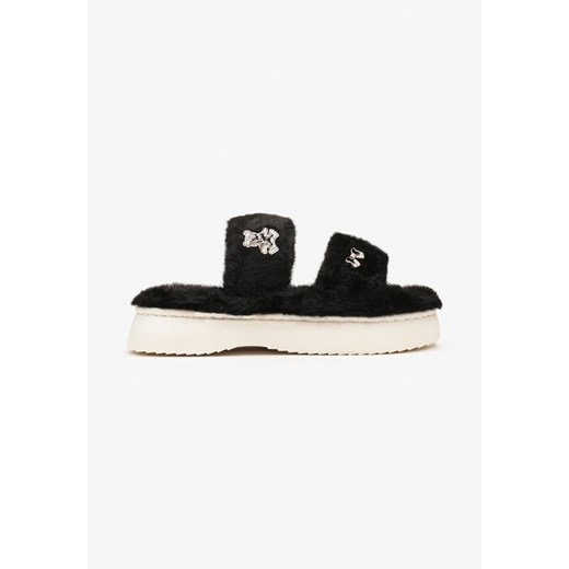 Czarne Kapcie z Futerkiem na Grubej Podeszwie Ozdobione Aplikacjami 3D Riamaya Renee 40-41 renee.pl
