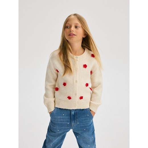 Reserved - Kardigan z kwiatową aplikacją - kremowy Reserved 128 (7-8 lat) Reserved